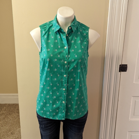 J. Crew Tops Jcrew Green With White Floral Print Button Down Tank